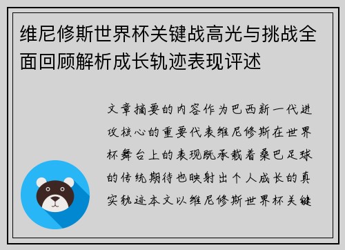 维尼修斯世界杯关键战高光与挑战全面回顾解析成长轨迹表现评述 维尼修斯世界杯关键战高光与挑战全面回顾解析成长轨迹表现评述